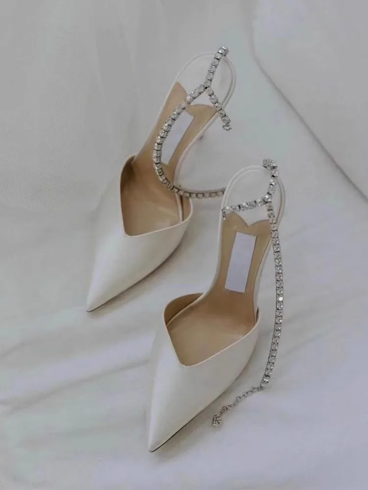 New Design White Satin High Heels Female Rhinestone Pointed Toe Sandals Bridesmaid Bride Wedding Shoes Party Pumps