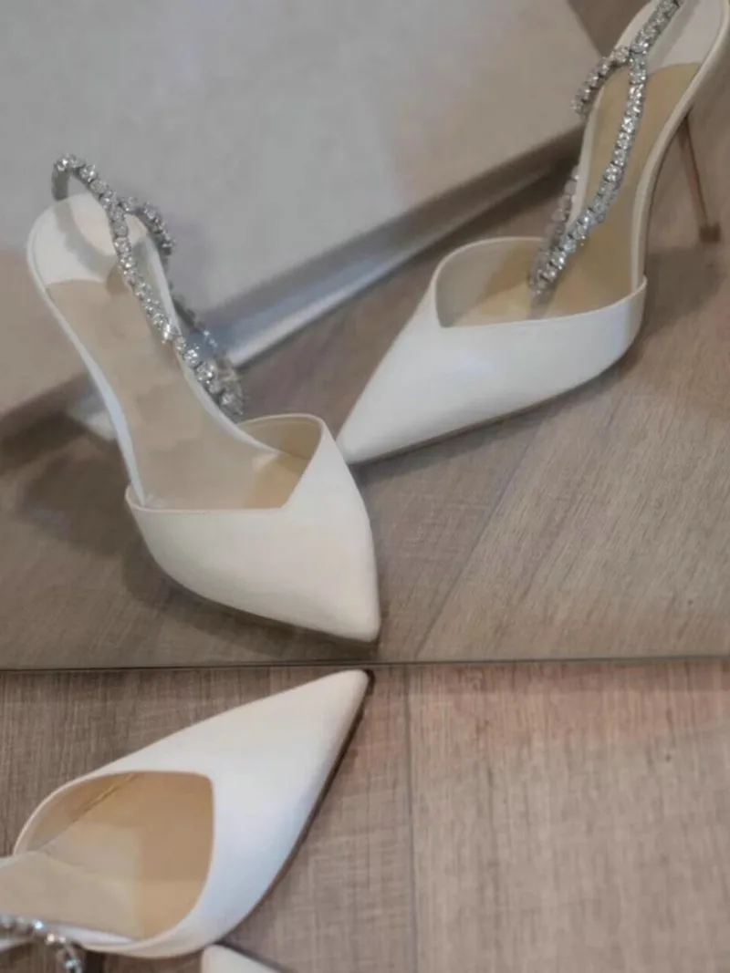 New Design White Satin High Heels Female Rhinestone Pointed Toe Sandals Bridesmaid Bride Wedding Shoes Party Pumps