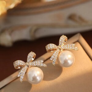 Sparkling Rhinestone Bow Pearl Stud Earrings Light Luxury Fashion Jewelry Women Gifts Wedding Birthday