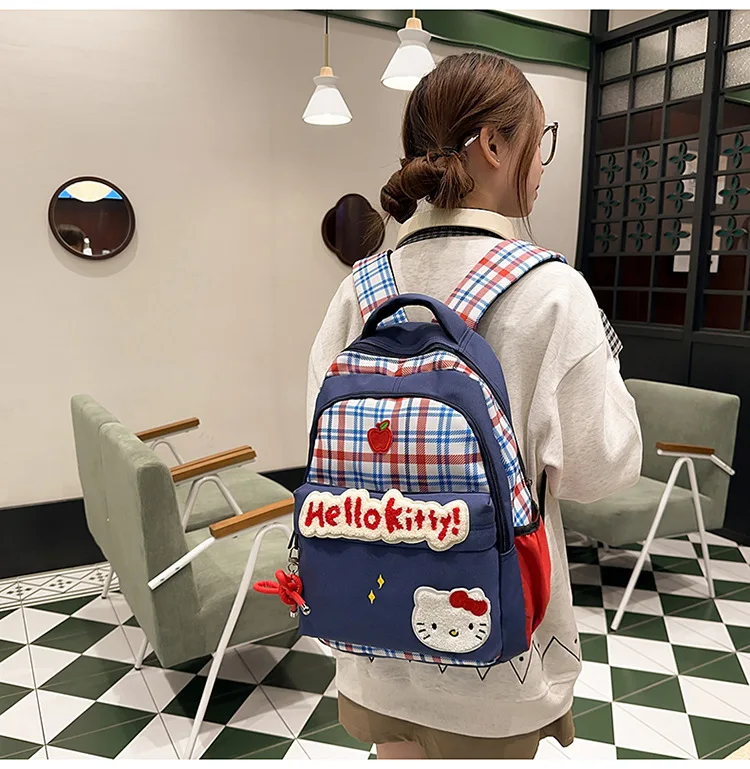 Sanrio Hellokitty Backpack Korean Style Plaid Niche Girl Cute Sweet Cartoon Large Capacity Lightweight Schoolbag High Quality