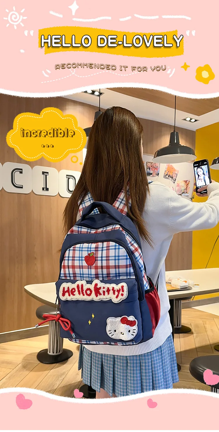 Sanrio Hellokitty Backpack Korean Style Plaid Niche Girl Cute Sweet Cartoon Large Capacity Lightweight Schoolbag High Quality