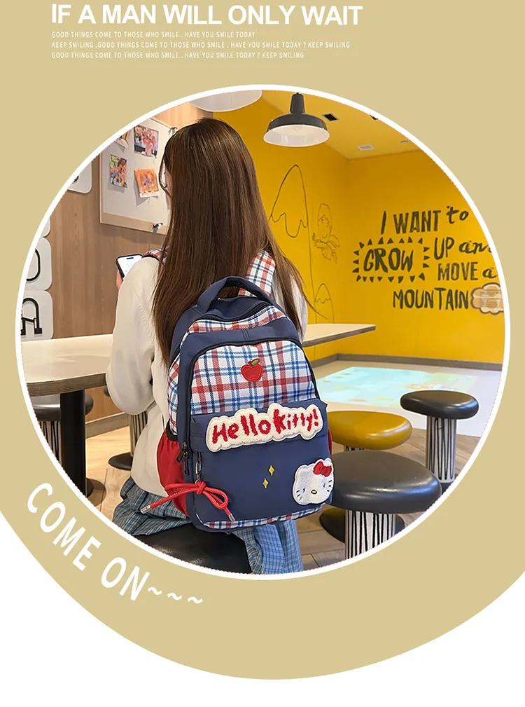 Sanrio Hellokitty Backpack Korean Style Plaid Niche Girl Cute Sweet Cartoon Large Capacity Lightweight Schoolbag High Quality