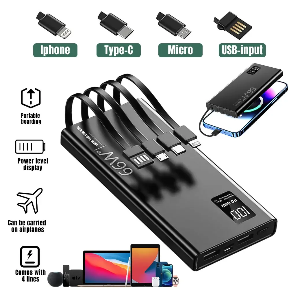 50000mAh Power Bank For Xiaomi iPhone Samsung 66W Super Fast Charging For 22.5W  Built-in 4 Cables Portable Digital Powerbank