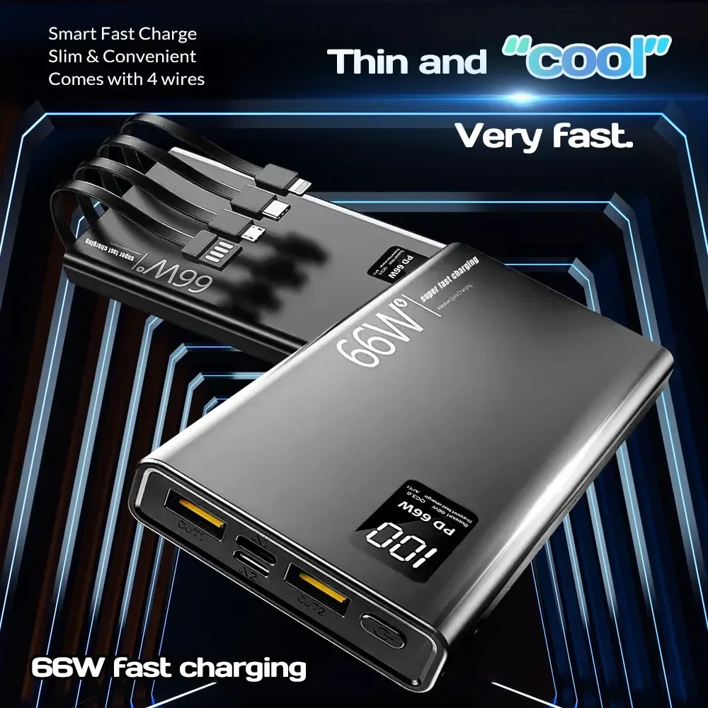 50000mAh Power Bank For Xiaomi iPhone Samsung 66W Super Fast Charging For 22.5W  Built-in 4 Cables Portable Digital Powerbank