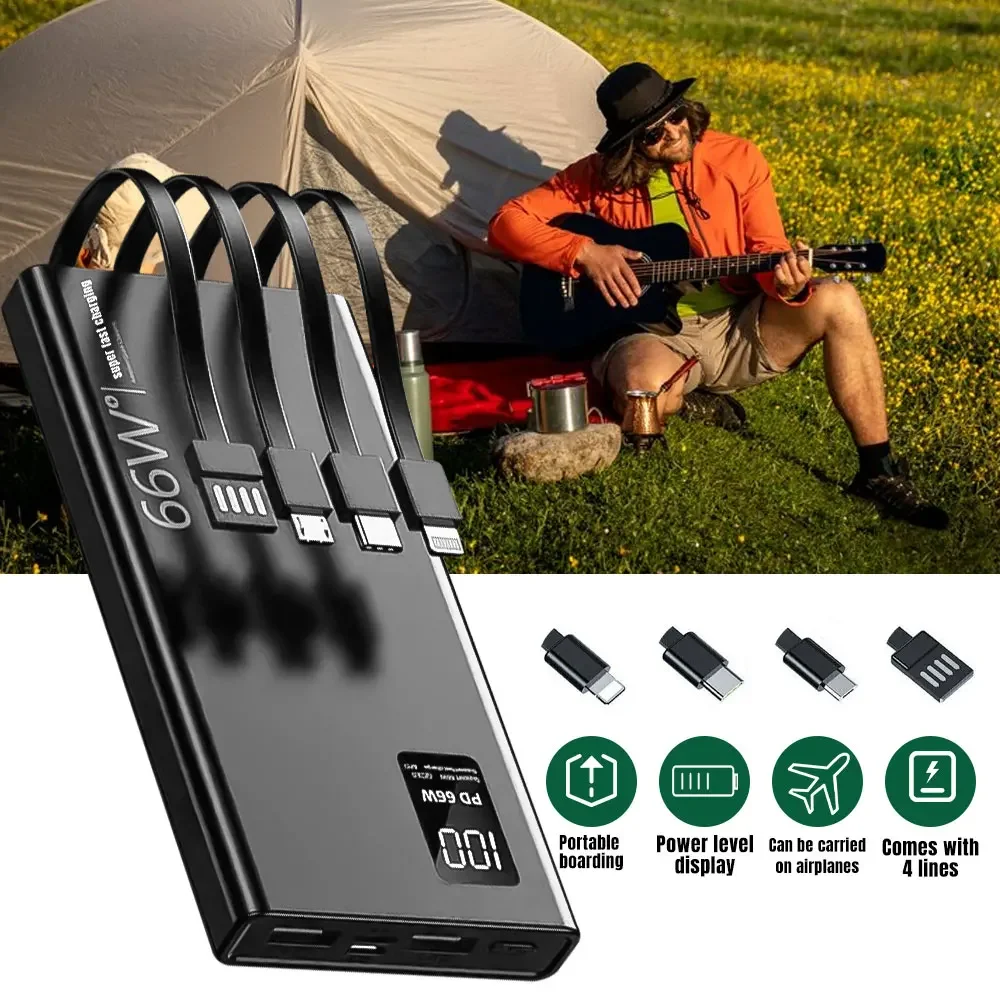 50000mAh Power Bank For Xiaomi iPhone Samsung 66W Super Fast Charging For 22.5W  Built-in 4 Cables Portable Digital Powerbank