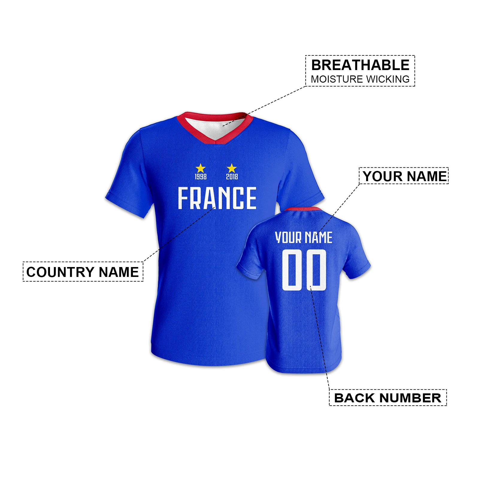 Custom France Soccer Jersey Quick-Dry Football Shirt Personalized Name Number Sports Uniform for Men Women Youth Fans Gift