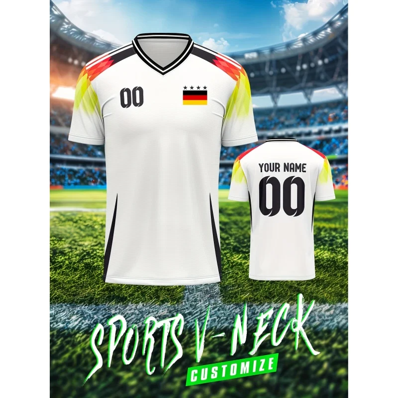 Germany Jerseys Pattern T-Shirt For Men Football Customized 3D Printed Short Sleeve Tops Summer Loose V-Neck T Shirts Sport Tees