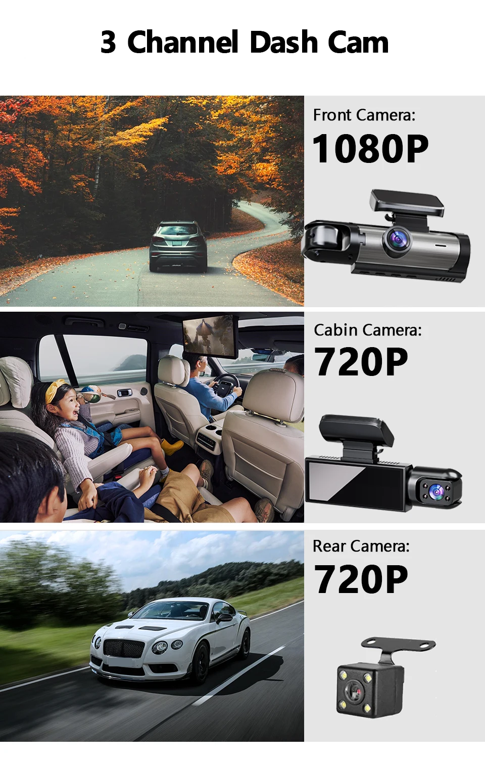 1080P Dash Cam for Car 2/3 Lens Options Front Rear Interior Surveillance & Drive Recorder