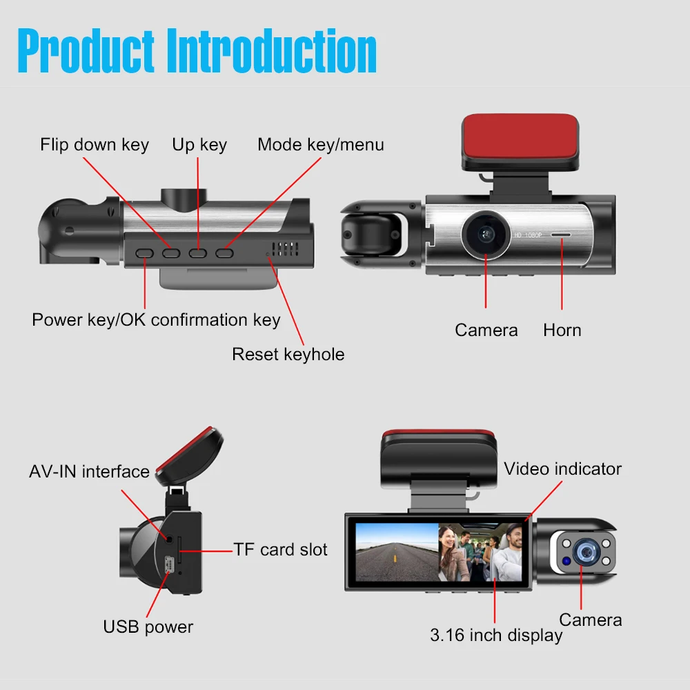 1080P Dash Cam for Car 2/3 Lens Options Front Rear Interior Surveillance & Drive Recorder