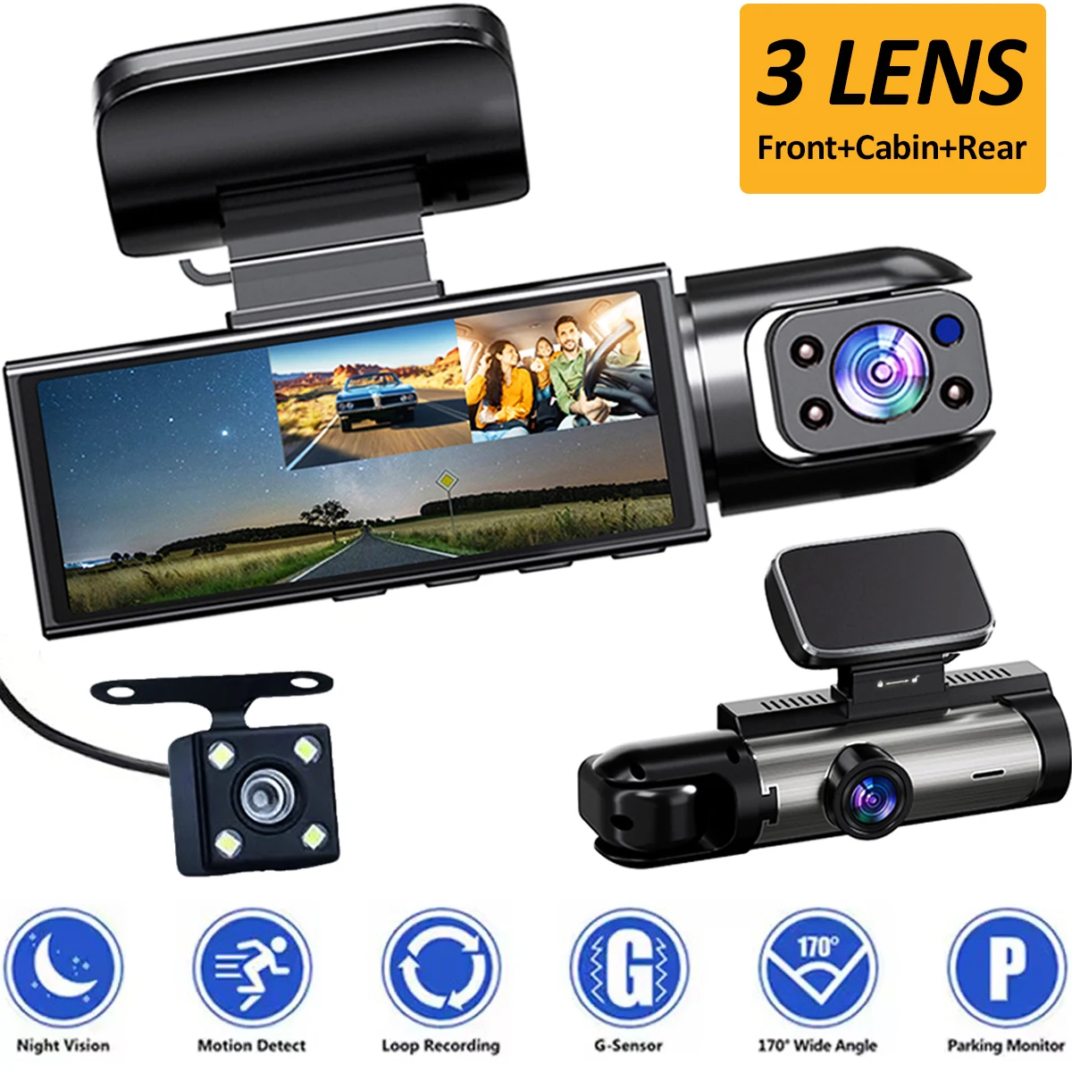 1080P Dash Cam for Car 2/3 Lens Options Front Rear Interior Surveillance & Drive Recorder