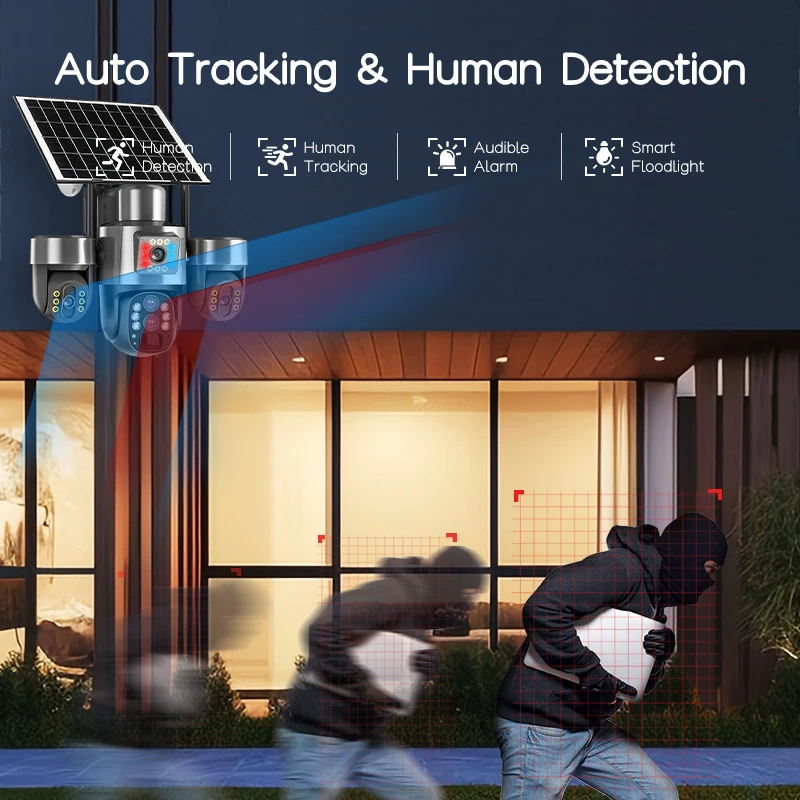 20MP 4G Sim Solar Camera WiFi 10X Optical Zoom 3-PTZ 4-Lens 3-Screens Outdoor Wireless Security Cameras Auto Tracking CCTV V380