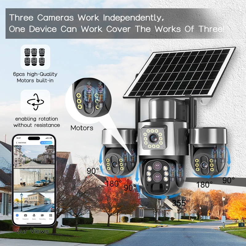 20MP 4G Sim Solar Camera WiFi 10X Optical Zoom 3-PTZ 4-Lens 3-Screens Outdoor Wireless Security Cameras Auto Tracking CCTV V380