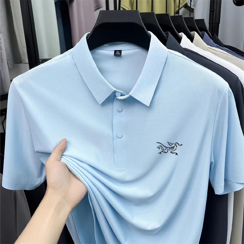 2026 Summer Best-selling High-end Ice Silk Short Sleeved T-shirt for Men's Summer Thin Cut Lapel Polo Shirt PrintedTrendy Casual