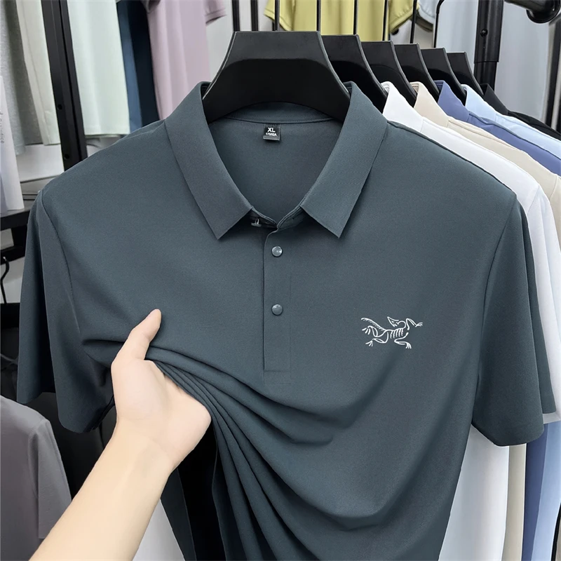 2026 Summer Best-selling High-end Ice Silk Short Sleeved T-shirt for Men's Summer Thin Cut Lapel Polo Shirt PrintedTrendy Casual