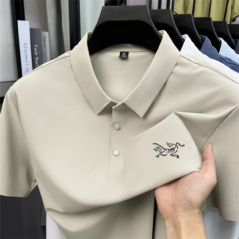 2026 Summer Best-selling High-end Ice Silk Short Sleeved T-shirt for Men's Summer Thin Cut Lapel Polo Shirt PrintedTrendy Casual