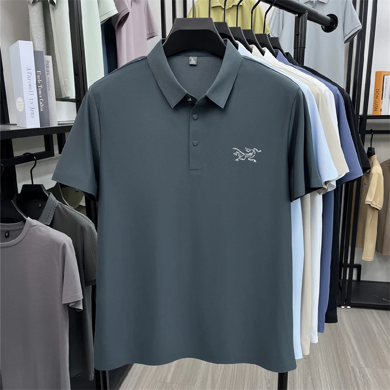 2026 Summer Best-selling High-end Ice Silk Short Sleeved T-shirt for Men's Summer Thin Cut Lapel Polo Shirt PrintedTrendy Casual