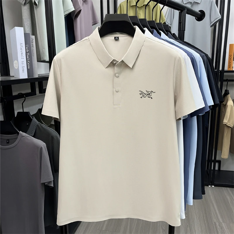 2026 Summer Best-selling High-end Ice Silk Short Sleeved T-shirt for Men's Summer Thin Cut Lapel Polo Shirt PrintedTrendy Casual