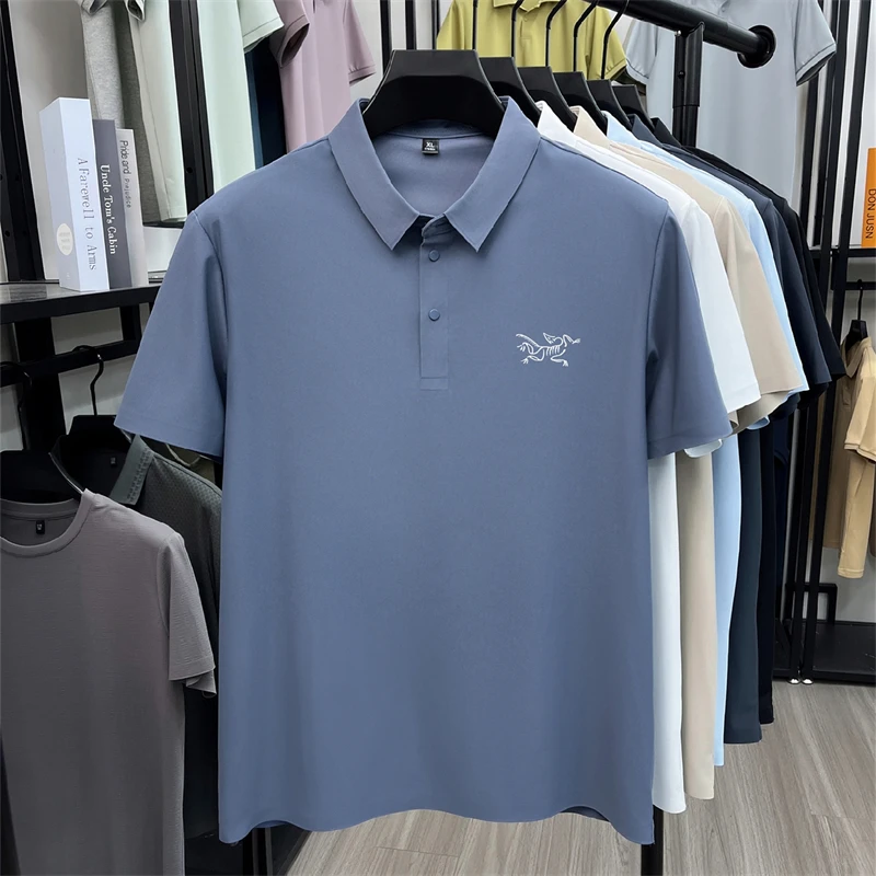 2026 Summer Best-selling High-end Ice Silk Short Sleeved T-shirt for Men's Summer Thin Cut Lapel Polo Shirt PrintedTrendy Casual