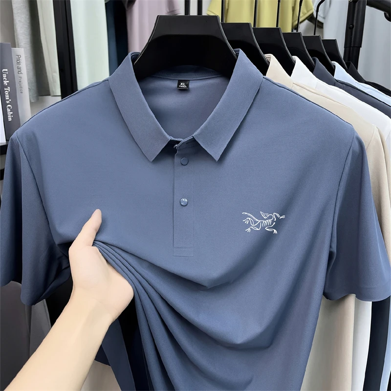 2026 Summer Best-selling High-end Ice Silk Short Sleeved T-shirt for Men's Summer Thin Cut Lapel Polo Shirt PrintedTrendy Casual