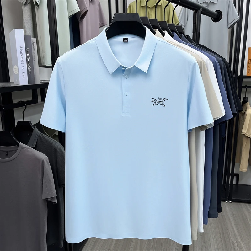 2026 Summer Best-selling High-end Ice Silk Short Sleeved T-shirt for Men's Summer Thin Cut Lapel Polo Shirt PrintedTrendy Casual