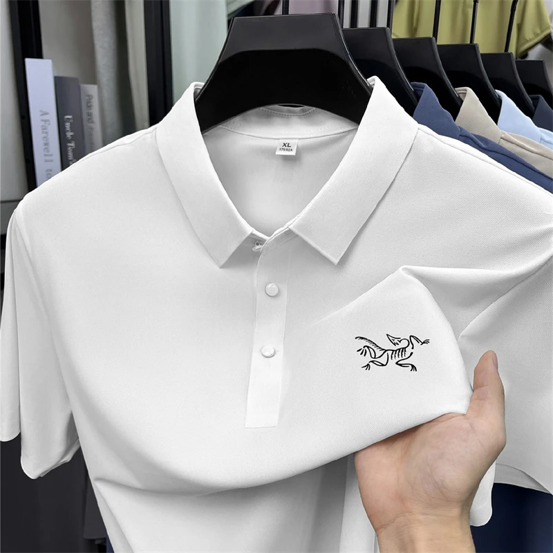 2026 Summer Best-selling High-end Ice Silk Short Sleeved T-shirt for Men's Summer Thin Cut Lapel Polo Shirt PrintedTrendy Casual