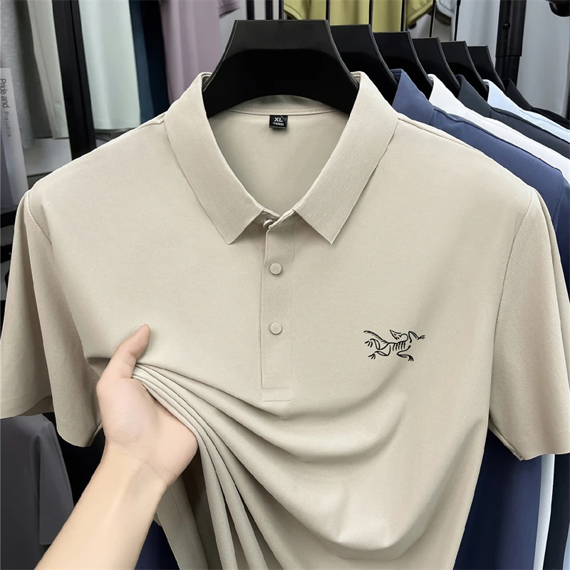 2026 Summer Best-selling High-end Ice Silk Short Sleeved T-shirt for Men's Summer Thin Cut Lapel Polo Shirt PrintedTrendy Casual