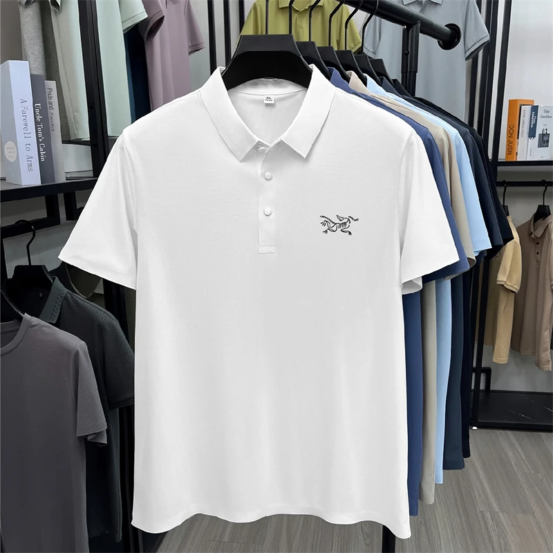 2026 Summer Best-selling High-end Ice Silk Short Sleeved T-shirt for Men's Summer Thin Cut Lapel Polo Shirt PrintedTrendy Casual