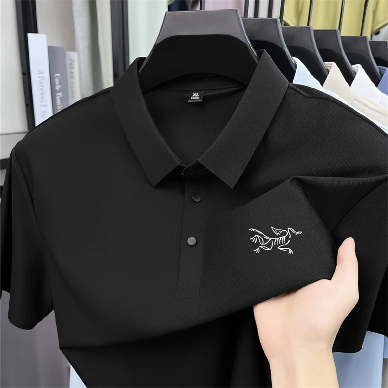 2026 Summer Best-selling High-end Ice Silk Short Sleeved T-shirt for Men's Summer Thin Cut Lapel Polo Shirt PrintedTrendy Casual
