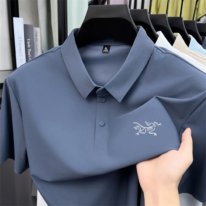 2026 Summer Best-selling High-end Ice Silk Short Sleeved T-shirt for Men's Summer Thin Cut Lapel Polo Shirt PrintedTrendy Casual