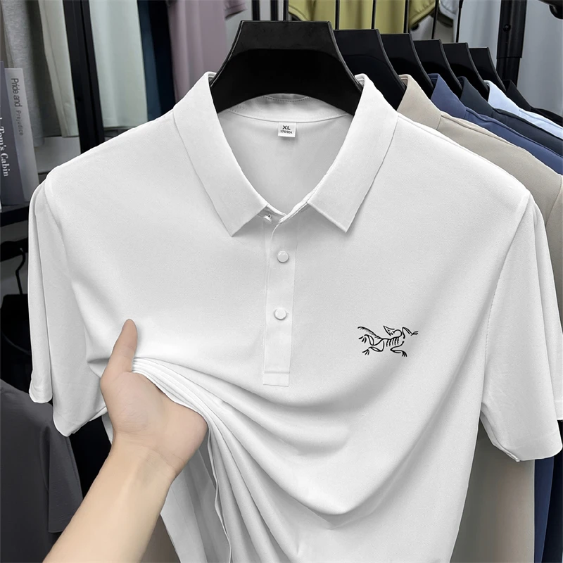 2026 Summer Best-selling High-end Ice Silk Short Sleeved T-shirt for Men's Summer Thin Cut Lapel Polo Shirt PrintedTrendy Casual