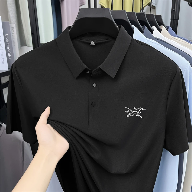 2026 Summer Best-selling High-end Ice Silk Short Sleeved T-shirt for Men's Summer Thin Cut Lapel Polo Shirt PrintedTrendy Casual