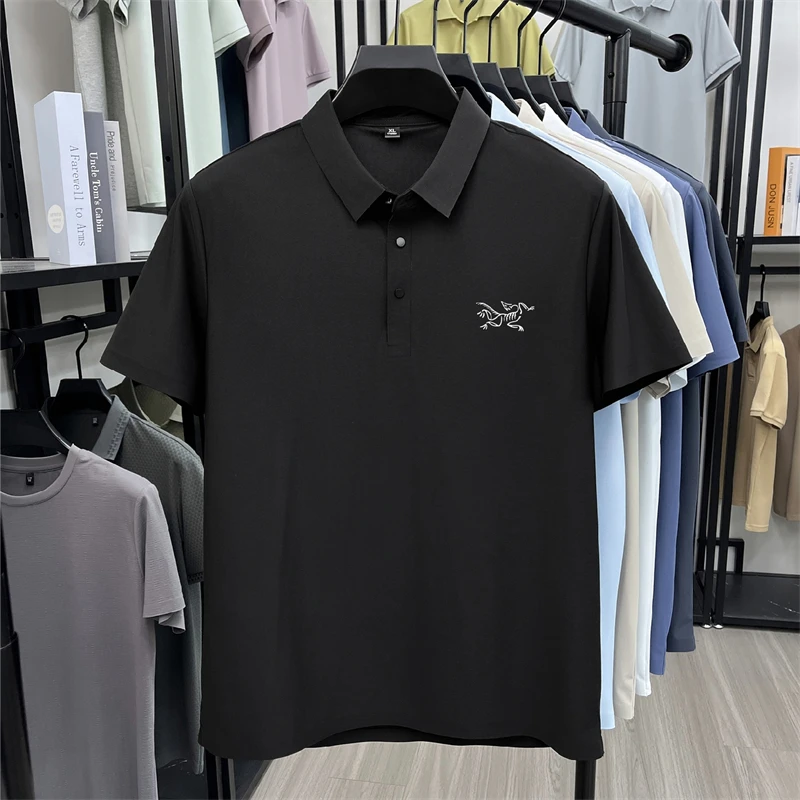 2026 Summer Best-selling High-end Ice Silk Short Sleeved T-shirt for Men's Summer Thin Cut Lapel Polo Shirt PrintedTrendy Casual
