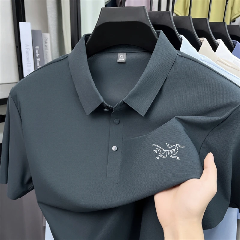 2026 Summer Best-selling High-end Ice Silk Short Sleeved T-shirt for Men's Summer Thin Cut Lapel Polo Shirt PrintedTrendy Casual