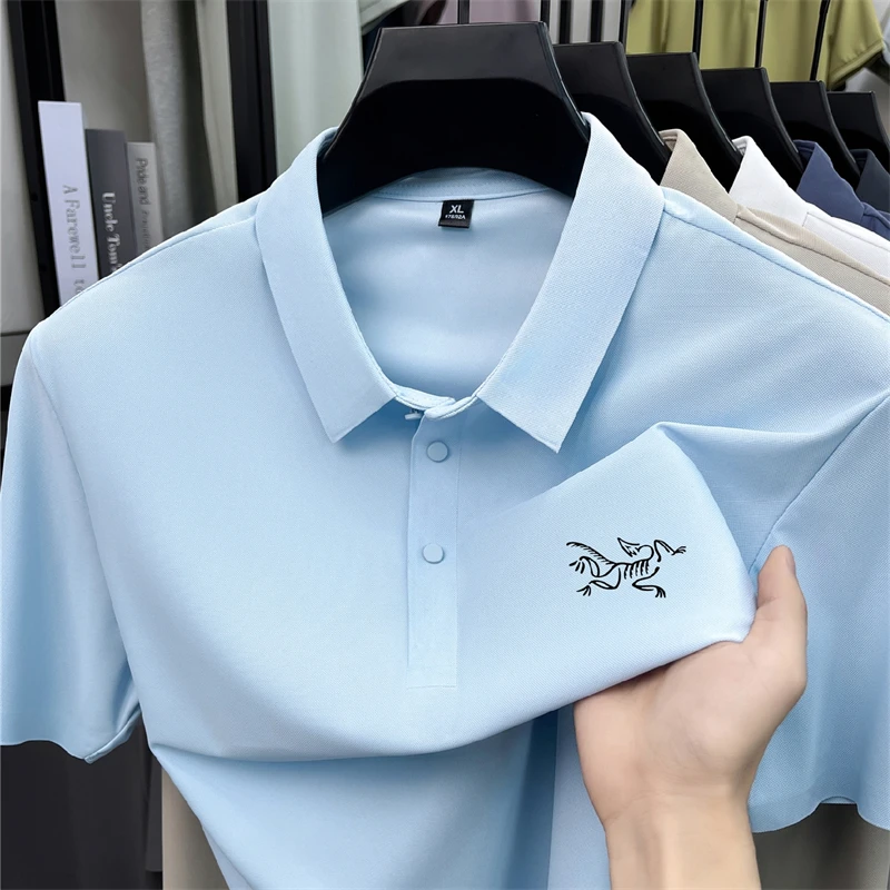 2026 Summer Best-selling High-end Ice Silk Short Sleeved T-shirt for Men's Summer Thin Cut Lapel Polo Shirt PrintedTrendy Casual
