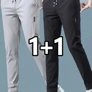 2026 2 Pieces Men's Casual Ice Silk Pants Stretch Slim Elastic Waist Joggers Korean Classic Male Brand Print Long Trousers Men