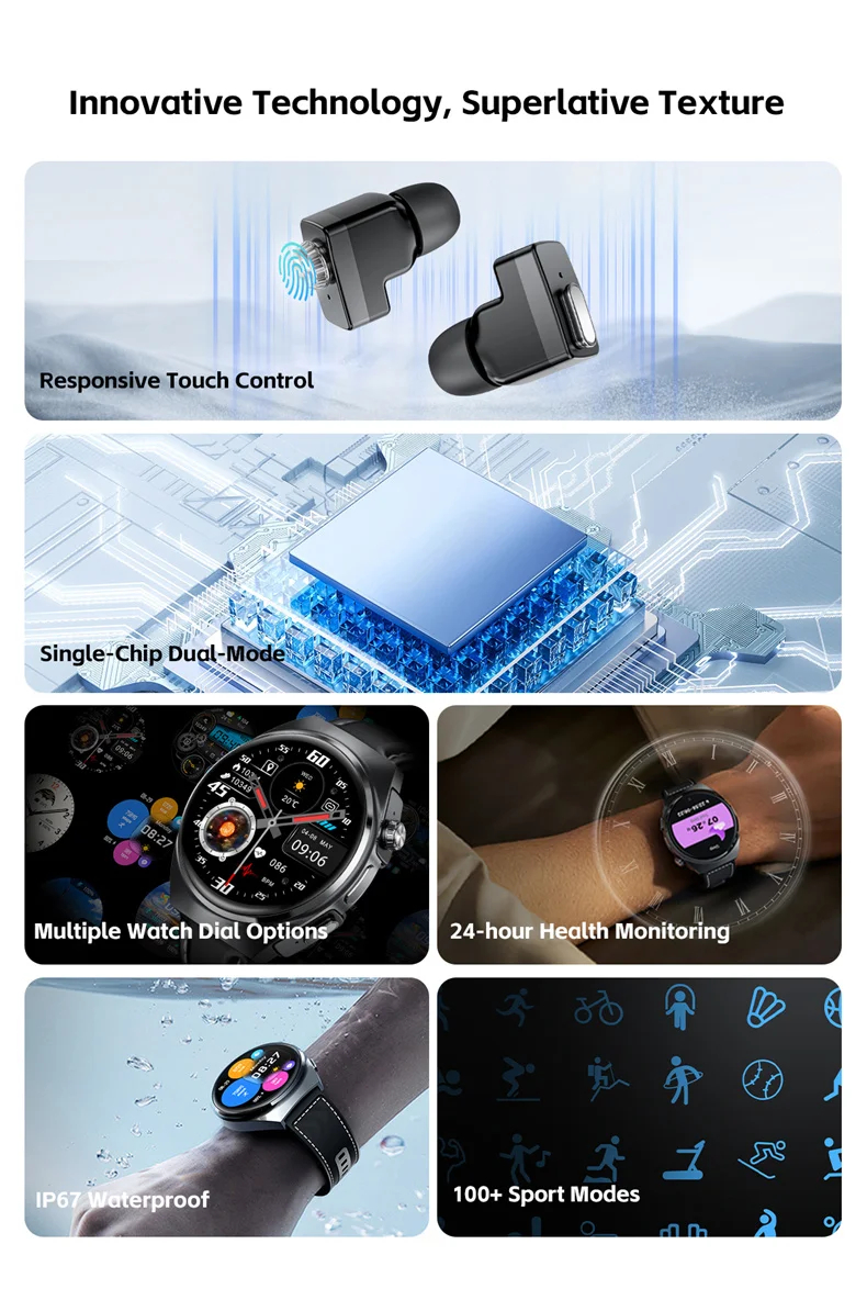 2026 New Man Smart Watch TWS Headset Two In One Wireless Bluetooth Dual Earbuds Call Health Monitor Sport Tracker NFC Smartwatch